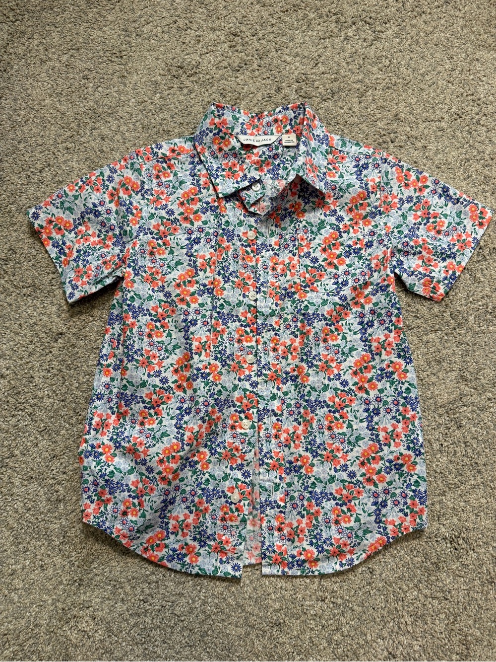 Janie and Jack Short-Sleeve Floral Button-Down - Coral, Blue, Green